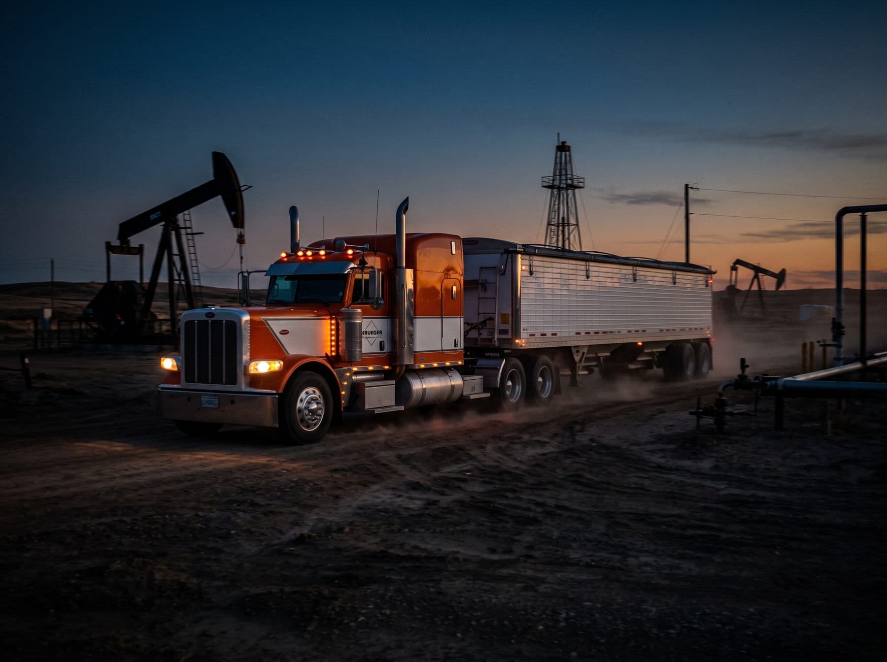 Krueger Logistics truck hauling through an oilfield at dusk